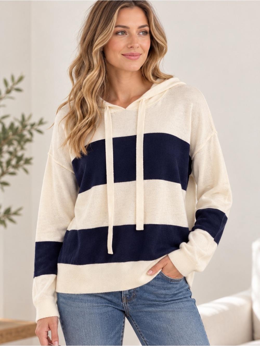 For The Republic XL Navy Ivory Striped Knit Hoodie Sweater